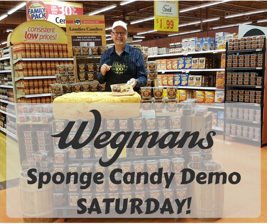 Come try #Landies Sponge Candy tomorrow (Sat), We'll be at 2 #Wegmans 11am - 3pm - Amherst (Alberta Dr) &amp; West Seneca (Orchard Park Rd) 💙💚❤️