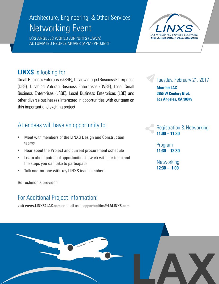 LINXS2LAX's tweet photo. LINXS is looking for A&amp;E and other service firms to join us at our networking event @LAXMarriott on 2/21. Register: https://t.co/PooU3Gr8Q0 https://t.co/pstoESLaLb