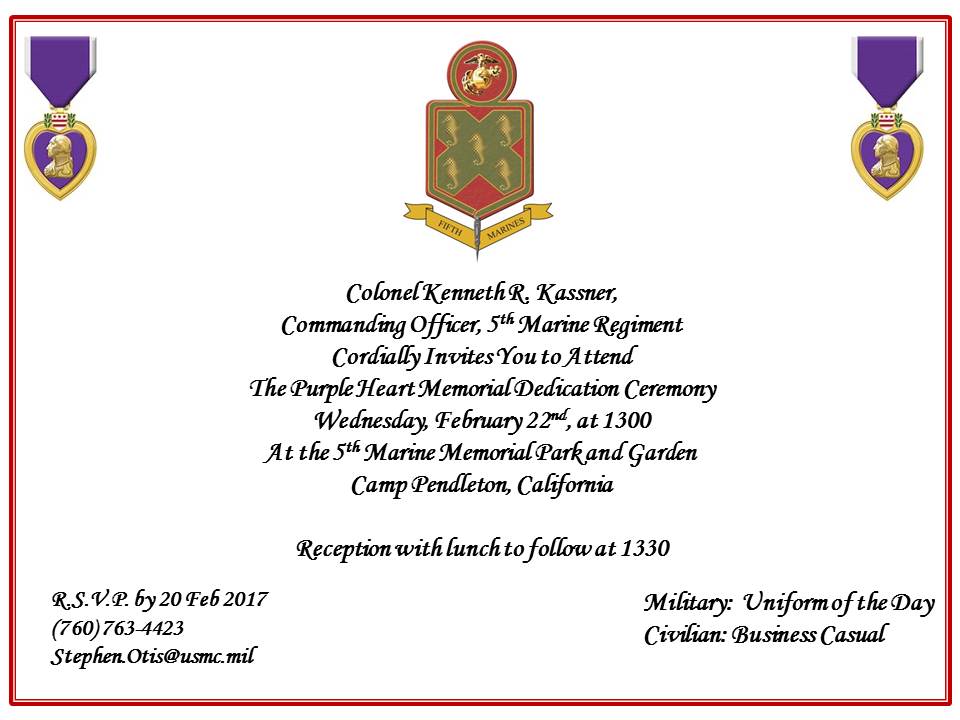 Fighting_Fifth's tweet photo. UPDATE!
Please note the TIME CHANGE: 5th Marines Purple Heart Dedication Ceremony.
The date is still February 22, 2017. https://t.co/qVJp9tgKXI