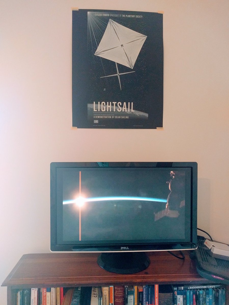 CoryFaris's tweet photo. Found a home for my @exploreplanets Light Sail poster above my Space Station live feed (raspberry pi). #WhenNerds decorate. @NASA https://t.co/9RXUcReBLC