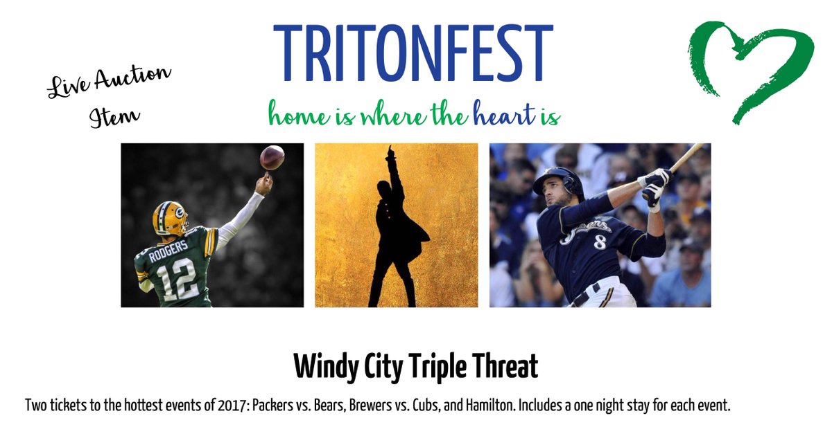 TritonsNDA's tweet photo. Love the @packers, @Brewers, and @HamiltonMusical? Ask your parents to bid on the Windy City Triple Threat item at Tritonfest! #HeartIsHome https://t.co/Fi84QfqYvo