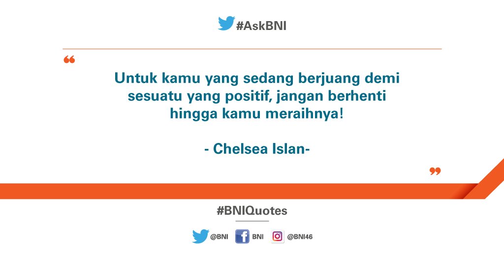 Pikiran positif dapat mendukung motivasi kita untuk mencapai tujuan.
Share yuk, motivasi Anda untuk mencapai tujuan hari ini! #BNIQuotes