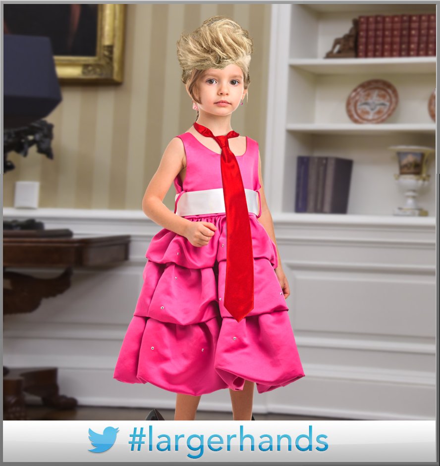 This little girl has #largerhands than <a href="/realDonaldTrump/">Donald J. Trump</a> and no she won't be dating you in 10 years, you pervert. <a href="/colbertlateshow/">The Late Show</a>