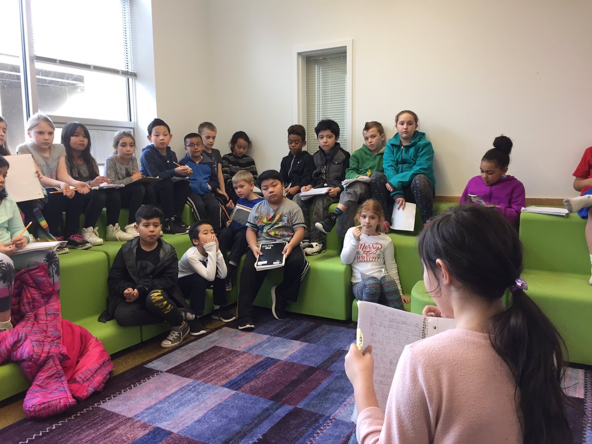 Siebert2nd's tweet photo. Writing Workshop - using shared space stadium seating to develop our drafts. Many inspired writers today #innovateHSD https://t.co/Voa55DD2vv