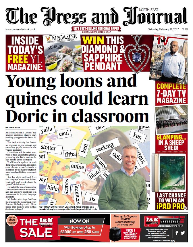 pressjournal's tweet photo. Saturday's Press and Journal North-East edition - Young loons and quines could learn Doric in classroom #scotpapers https://t.co/Ck7gOdgyMM