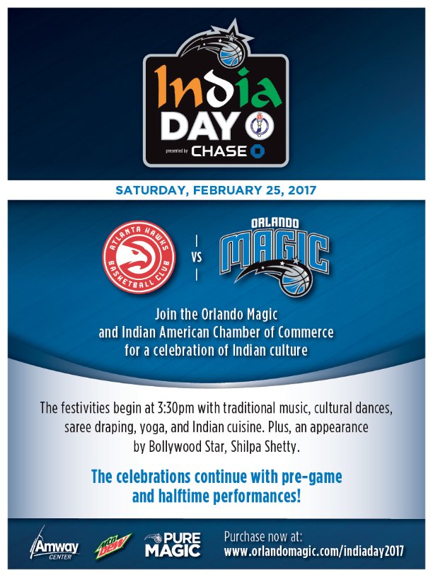 IaccOrlando's tweet photo. India Day February 25th 2017. Click to purchase tickets: https://t.co/9Tk3VEwOU1
#jaihomagic #IACCOrlando @OrlandoMagic https://t.co/Q2T3PWGeyu