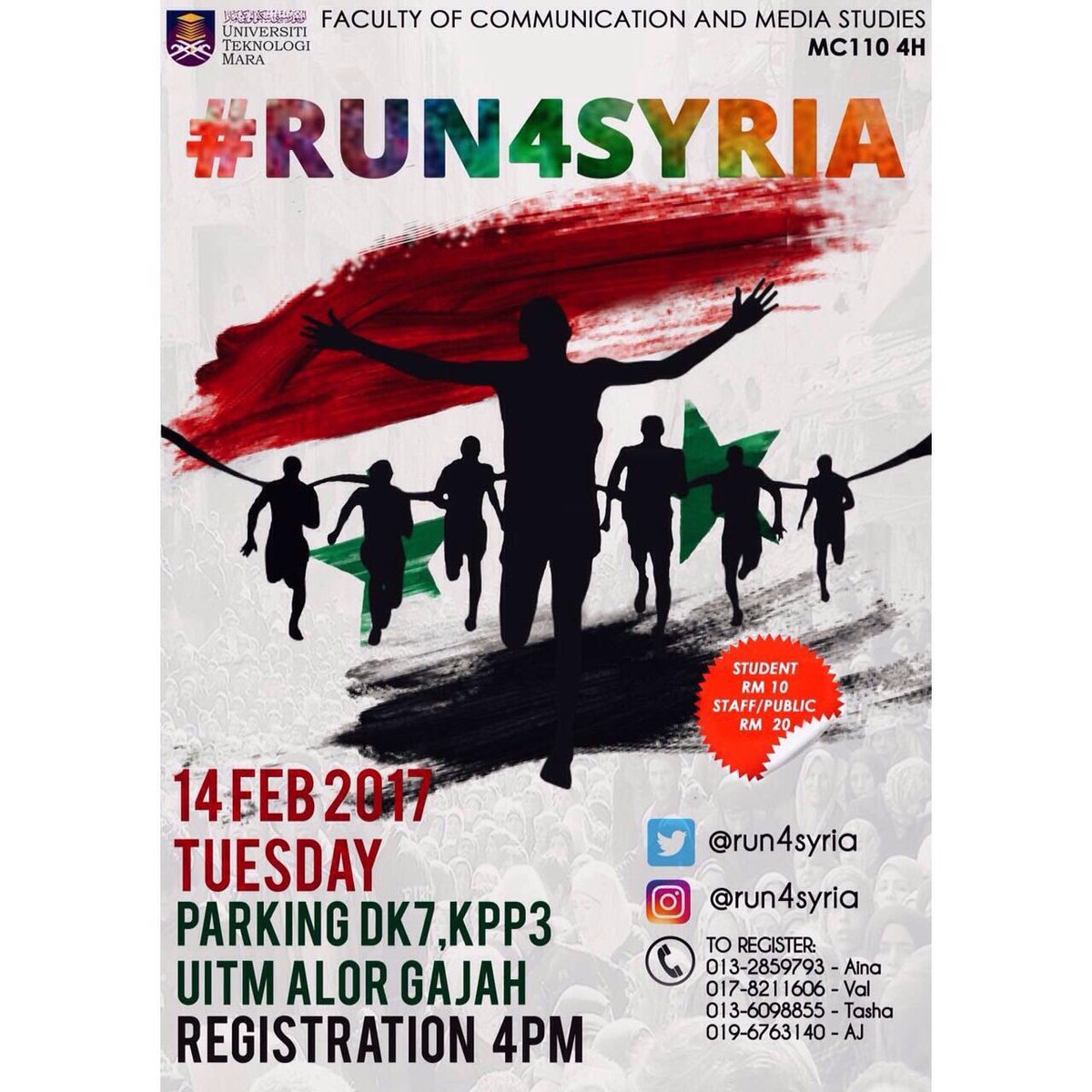 run4syria's tweet photo. Sertai larian kemanusiaan #Run4Syria bagi menunjukkan solidariti terhadap mangsa Syria yang tidak bernasib baik
#Pray4Syria 
#ViRAL17 https://t.co/Y82nWIMRqC