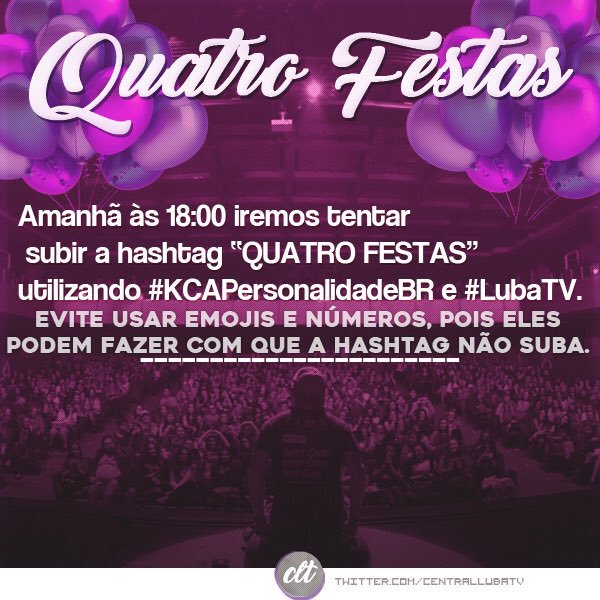 CentralLubaTV's tweet photo. Amanhã às 18h todo mundo aqui para usarmos a "QUATRO FESTAS" junto com as hashtags da votação! #KCAPersonalidadeBR #LubaTV https://t.co/2pQimqWDBo
