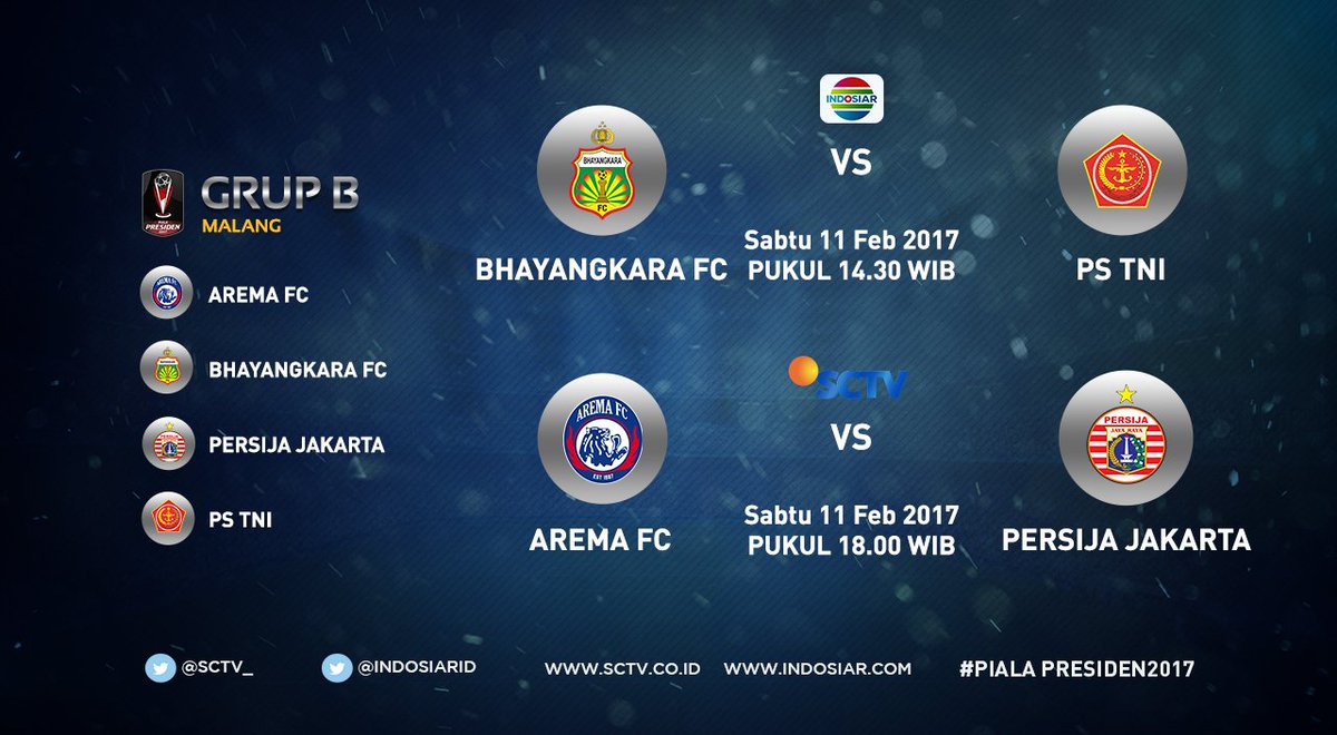 Saksikan pertandingan #PialaPresiden2017 Sabtu 11 Feb:

18.00 WIB <a href="/AremafcOfficial/">Arema FC</a> vs <a href="/Persija_Jkt/">Persija Jakarta</a>