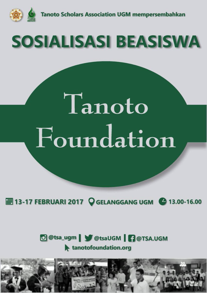 "Sosialisasi Beasiswa Tanoto Foundation" pada:
📆 SENIN, RABU, dan JUMAT tgl 13, 15, dan 17 Februari 2017
⏰ 13.00-16.00
📍Gelanggang UGM