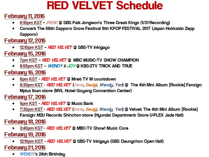 Red Velvet Updates Schedule