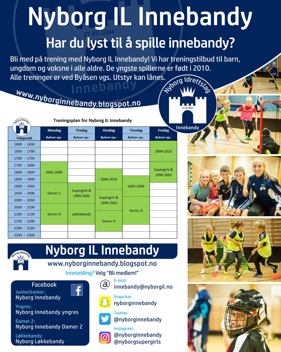 Har du lyst til å spille innebandy? Bli med på trening med Nyborg IL Innebandy! Vi har tilbud til barn, ungdom og voksne i alle aldre.
