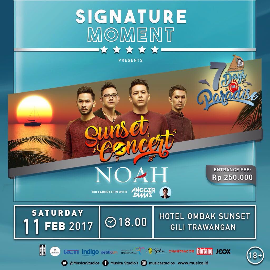 Kepoin instagram.com/musicastudios ya. Nanti ada loh cuplikan-cuplikan Sunset Concert <a href="/NOAH_ID/">NOAH</a> hari ini #NOAH7DaysInParadise
