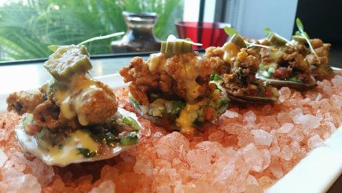 Cornmeal Crusted Southern Fried Gulf Oysters, Pickled Watermelon Salsa, Mango-Fresno Puree, Pickled Okra, Micro Fennel (Colusa Farms!) 😀