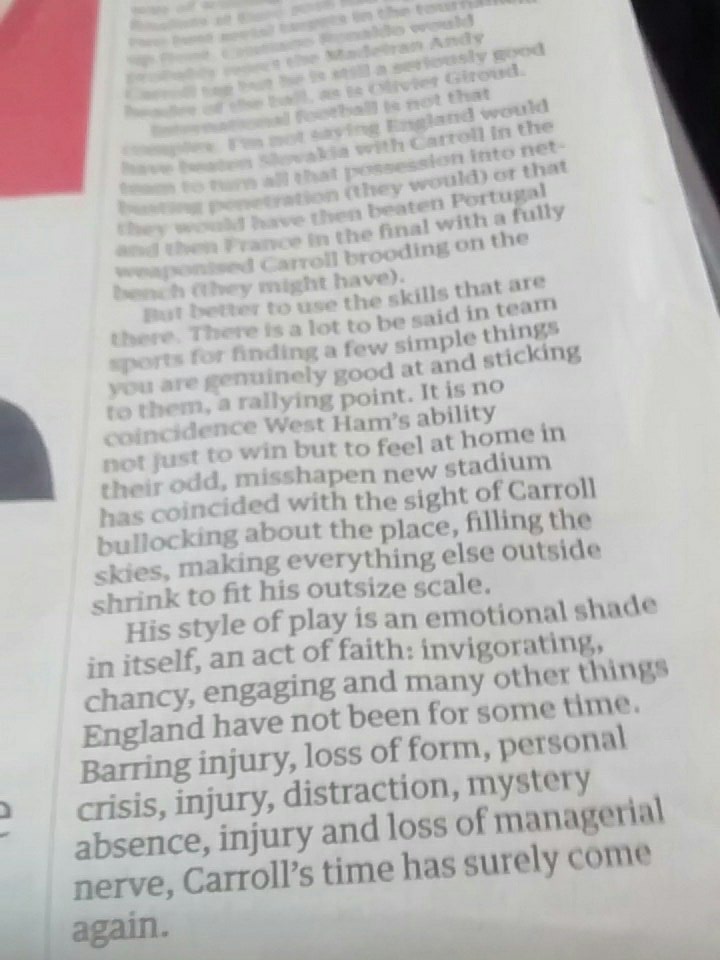 Superb article by <a href="/barneyronay/">Barney Ronay</a> about Andy Carroll in the <a href="/guardian/">The Guardian</a> today. Bullocking about is such a brilliant description of how he plays