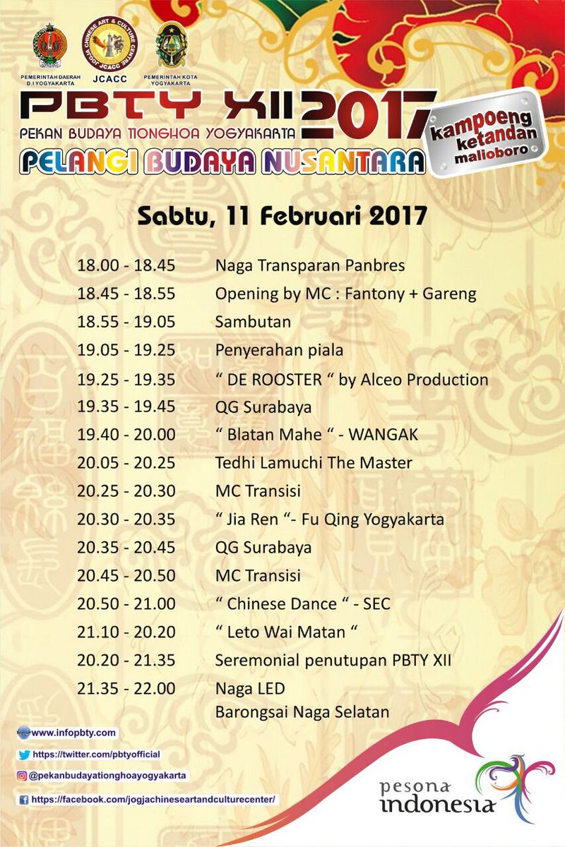 BerandaJogja's tweet photo. Daftar Acara #PBTY2017 "Pelangi Budaya Nusantara" | Sabtu, 11 Feb 2017 | Kampoeng Ketandan Malioboro Yogyakarta
More info: @pbtyofficial https://t.co/UKIH0dBI3L