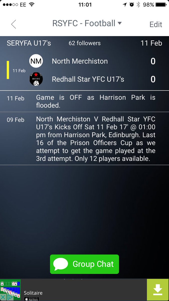 U17's game, away to North Merchiston, is OFF as Harrison Park is unplayable.
<a href="/SERegionYFA/">SERYFA</a> <a href="/ScottishYouthFA/">Scottish Youth FA</a> <a href="/Usqor/">Usqor</a>
