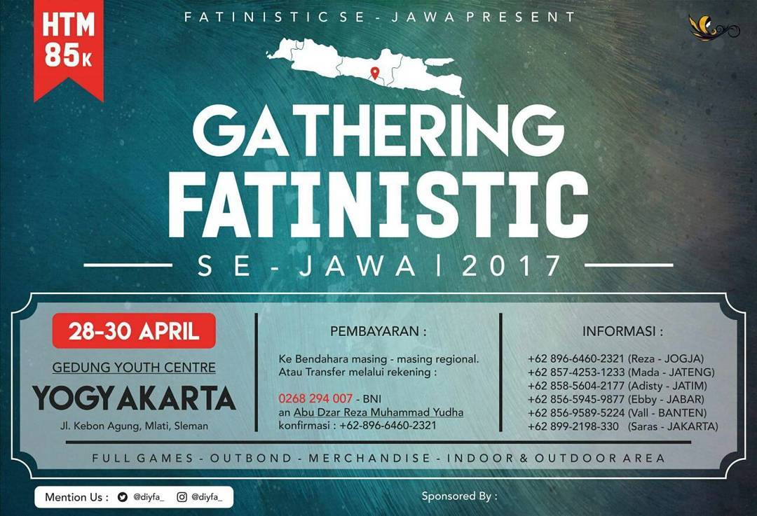 Fatinistic's tweet photo. Gath Fatinistic SE-JAWA | 28-30 April | Tempat: Gedung Youth Centre Mlati Sleman |More Info: https://t.co/jS2TvW6zAJ https://t.co/kEyWYCXBuN