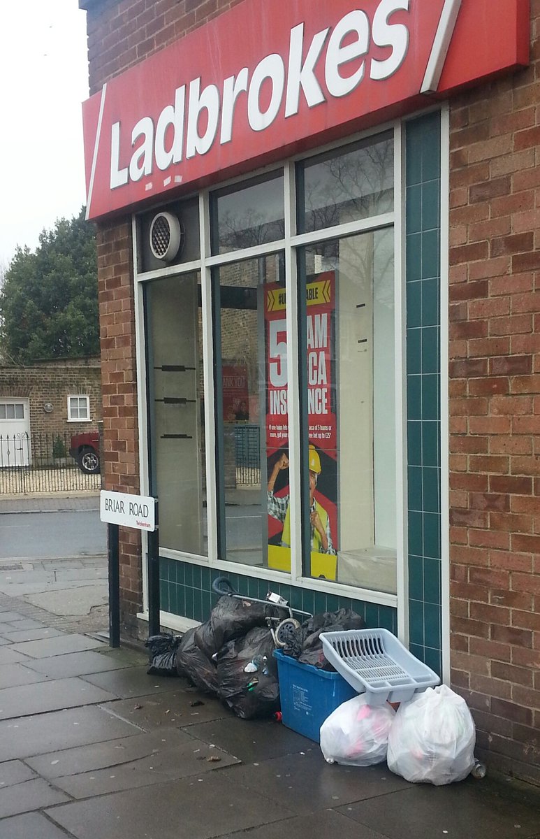 Reported online. Fly tipping Briar Rd <a href="/LBRUT/">Richmond Council</a> cans &amp; fag ends often left by <a href="/LadbrokesCare/">Ladbrokes Care</a> customers encouraging this build up <a href="/pamfleming/">Pamela Fleming</a>