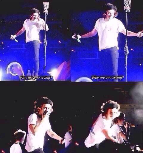 泣いていたファンを見つけて、自分のタオルにキスをしてからそのタオルをファンに投げるHarry😢💓