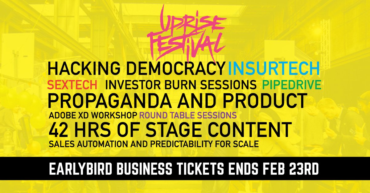 uproutedevents's tweet photo. Propaganda &amp; Product: UPRISE Festival 5. 120 Startups, 124 Speakers, 6 Stages, April 20 Amsterdam: Earlybird Tickets https://t.co/GXKGU9qHTH https://t.co/ld7ltloJoF