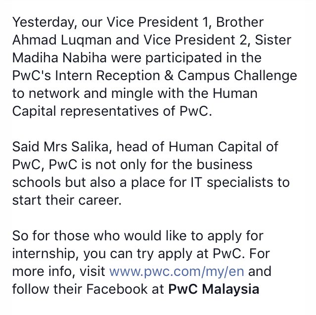 ictss_iium's tweet photo. [ PwC's Intern Reception &amp; Campus Challenge ]

PwC, one of a place to start your IT career. For more info, follow @PwC_Malaysia #pwcIntern https://t.co/hHTxE7AEje