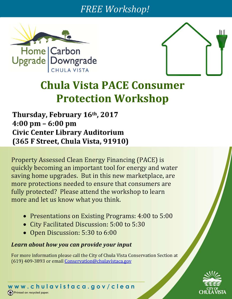 thinkchulavista's tweet photo. Learn more about #CleanEnergy financing at this free workshop. We’ll discuss consumer protection and more. #CVClean @Chulavistaclean https://t.co/GWRJN5wBsQ
