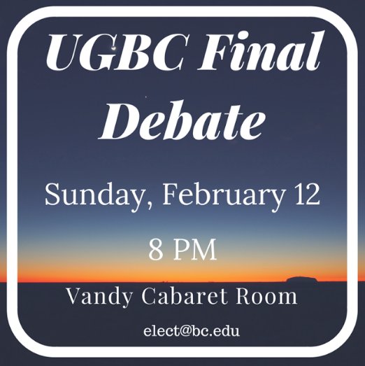BCElectionsComm's tweet photo. DON'T MISS our UGBC presidential debate tm night at 8 in the vandy cabaret room--know where your candidate stands #vote #BCElect https://t.co/Y69c7iQTHK