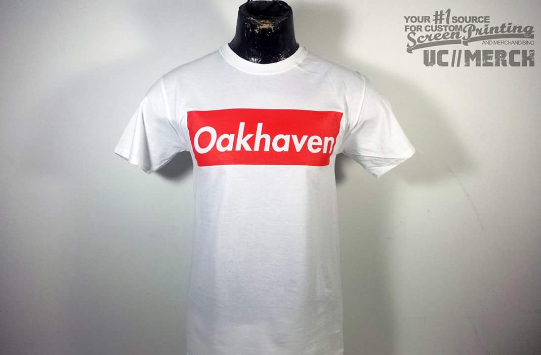 Crisp red on white prints for <a href="/oakhavenband/">Oakhaven</a> These shirts are so soft and bright! #ucmerch #michigan #screenprinting