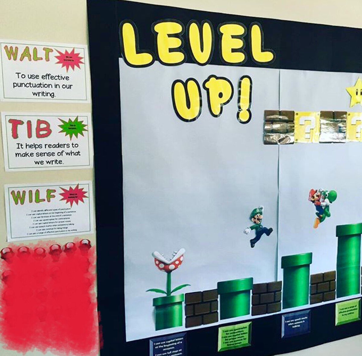My first #bumpitup wall for #visiblelearning. Students have a learning intention (WALT) and they work on the success criteria (WILF)