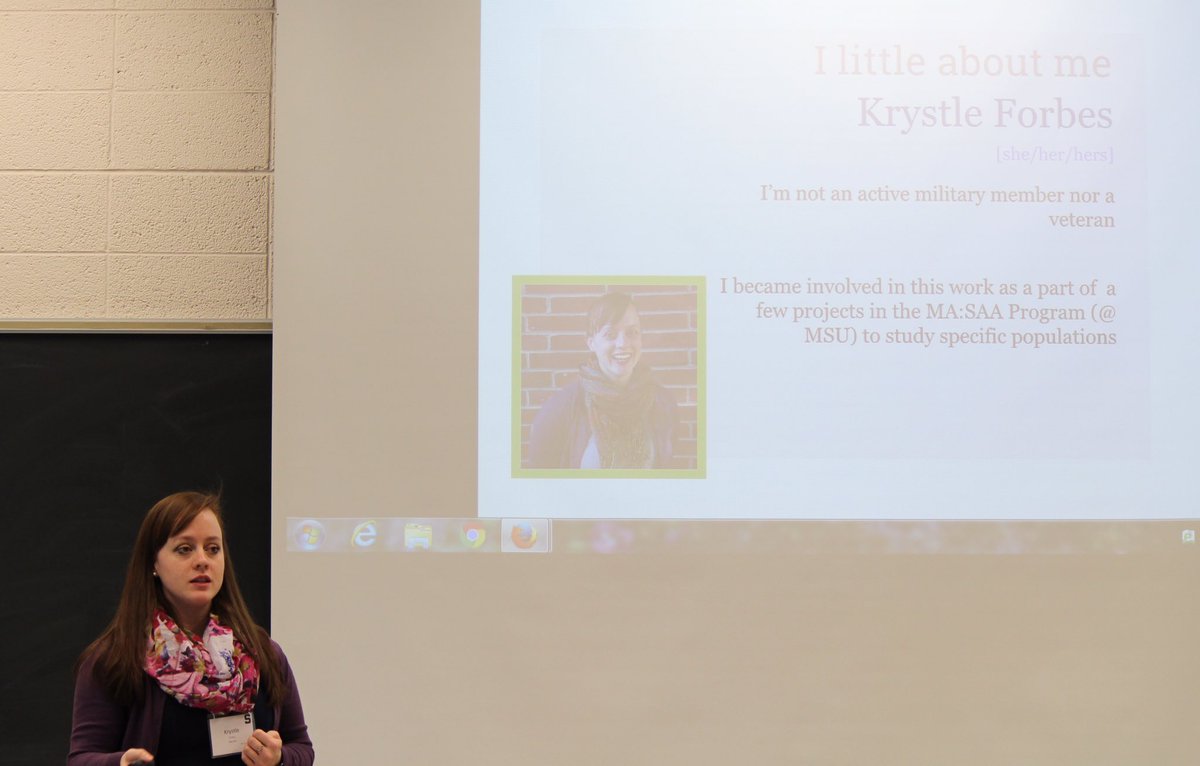sapnaik's tweet photo. Current @msusaa student, Krystle Forbes, presenting on supporting student veterans in the first session of #MSUGRC2017 https://t.co/iXrh9nAkL3