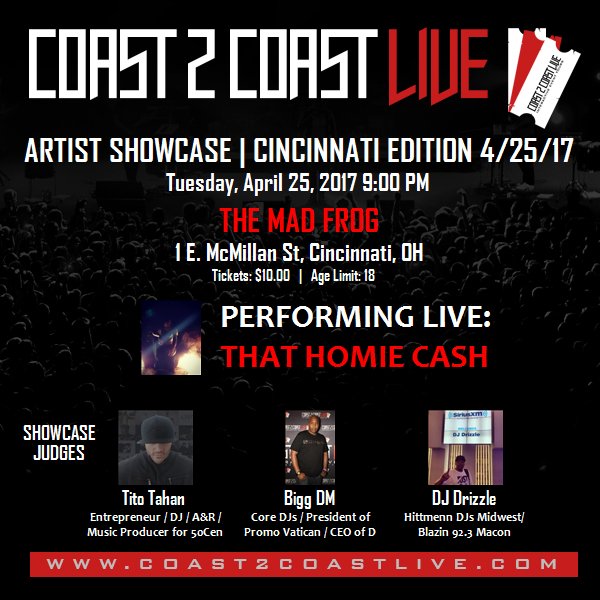ThatHomieCash's tweet photo. @C2CLIVEEVENTS Come on down to the Mad Frog April 25th and let's see some of that Messiah Support. #MusicIsEverything https://t.co/88qFj5rVwV
