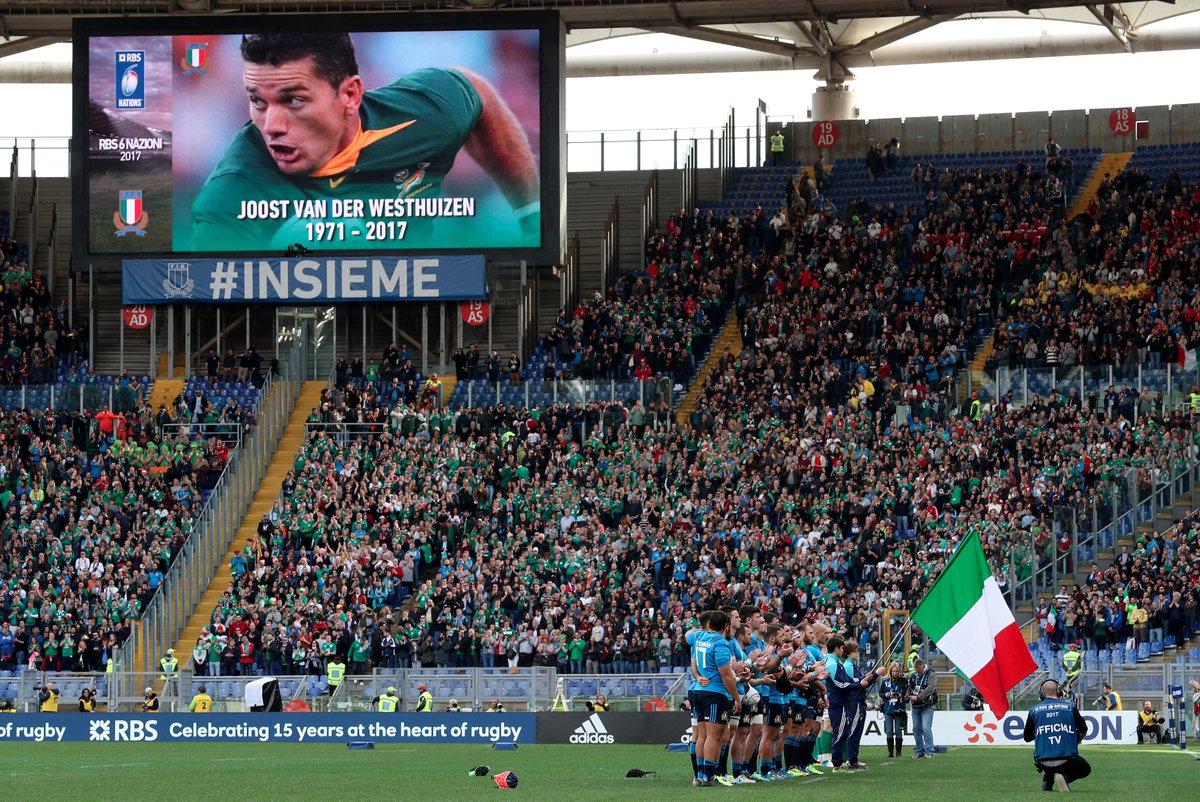 SixNationsRugby's tweet photo. A rugby legend. The great Joost van der Westhuizen will be remembered at all our matches this weekend.

#RIPJoost 
#ITAvIRE 
#RBS6Nations https://t.co/70cOBbXxxK