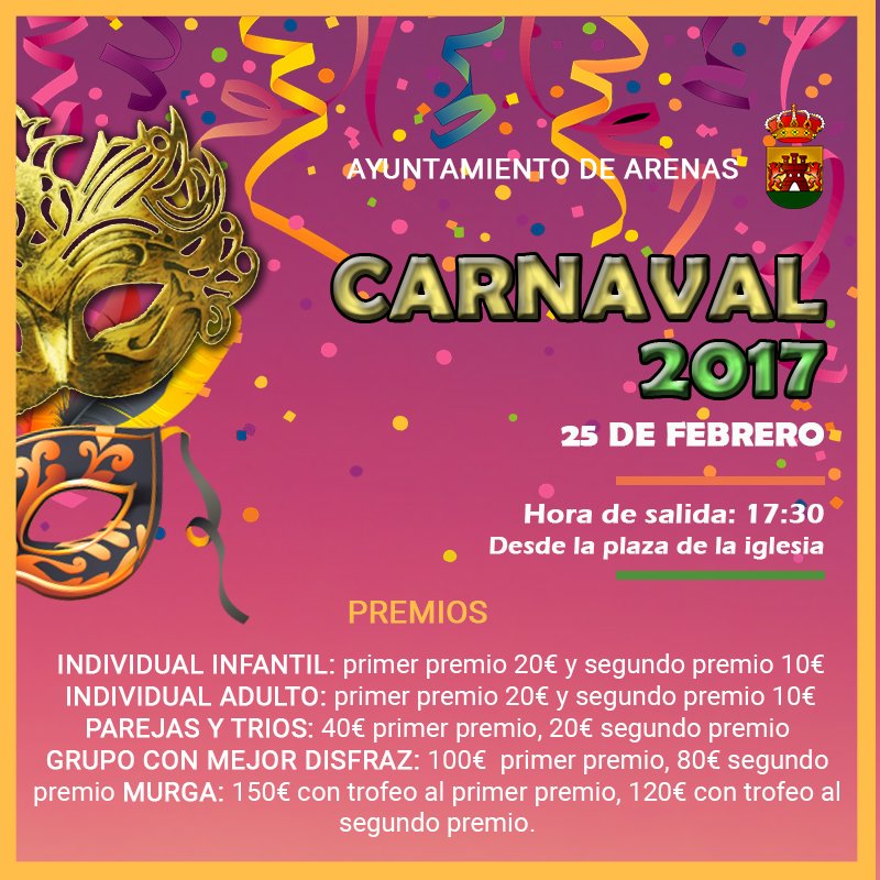 #Carnaval en #Arenas Sábado 25 desde las 17:30 pasacalles con la charanga "Las Notas con el Pago" Premios especiales para las murgas