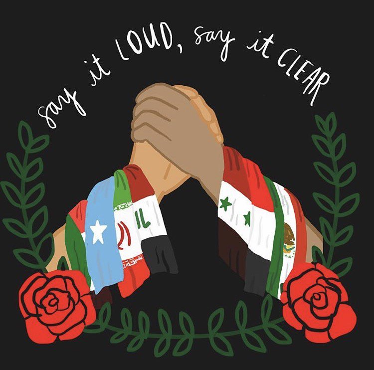 Immigrants and refugees are welcome here! Today's #SignOfResistance is by <a href="/fragileperson/">Bea</a>. #NoBanNoWallNoRaids