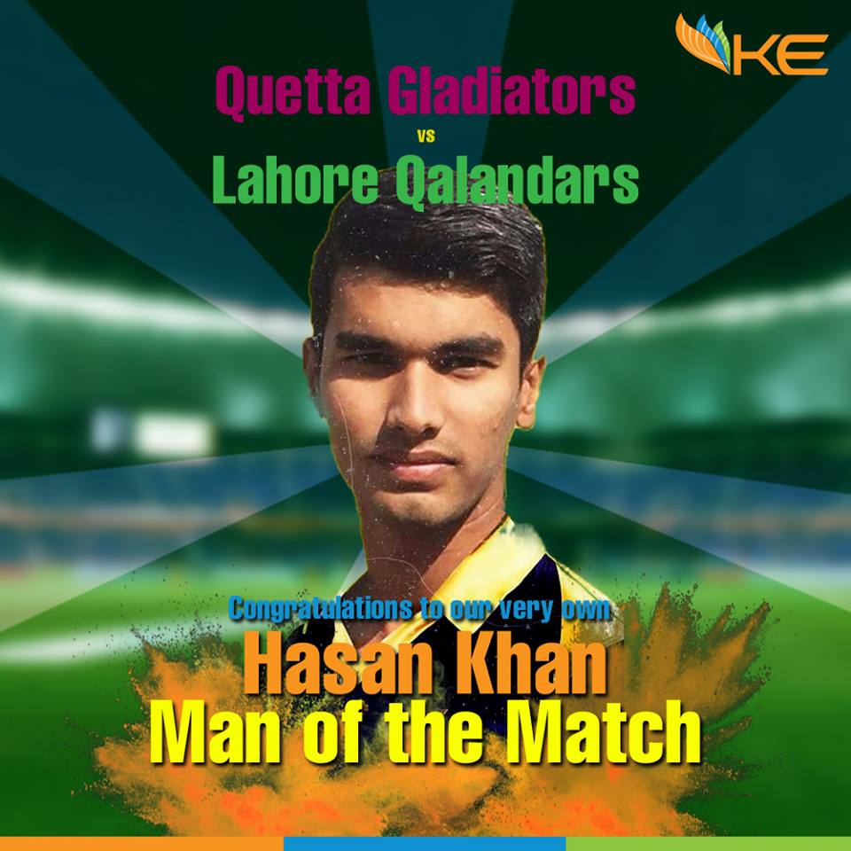 kelectricsports's tweet photo. We would like to congratulate our very own 'Hasan Khan' for his electrifying performance in the #PSL2017 for @TeamQuetta https://t.co/6jTxJmgvcb