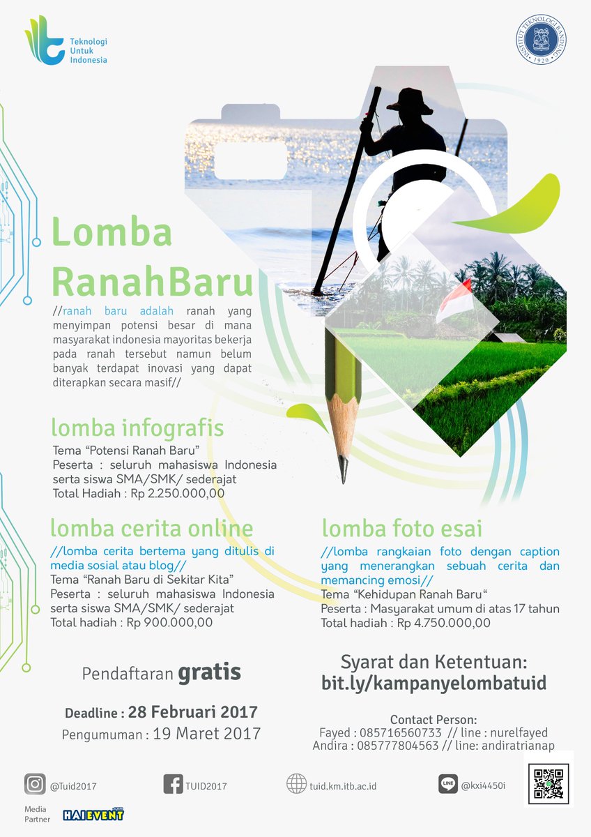 TUID2017's tweet image. LOMBA RANAH BARU! ketentuan buka di bit.ly/kampanyelombat…
Yuk salurkan insiprasi dan inovasi mu!
@HaiEvent