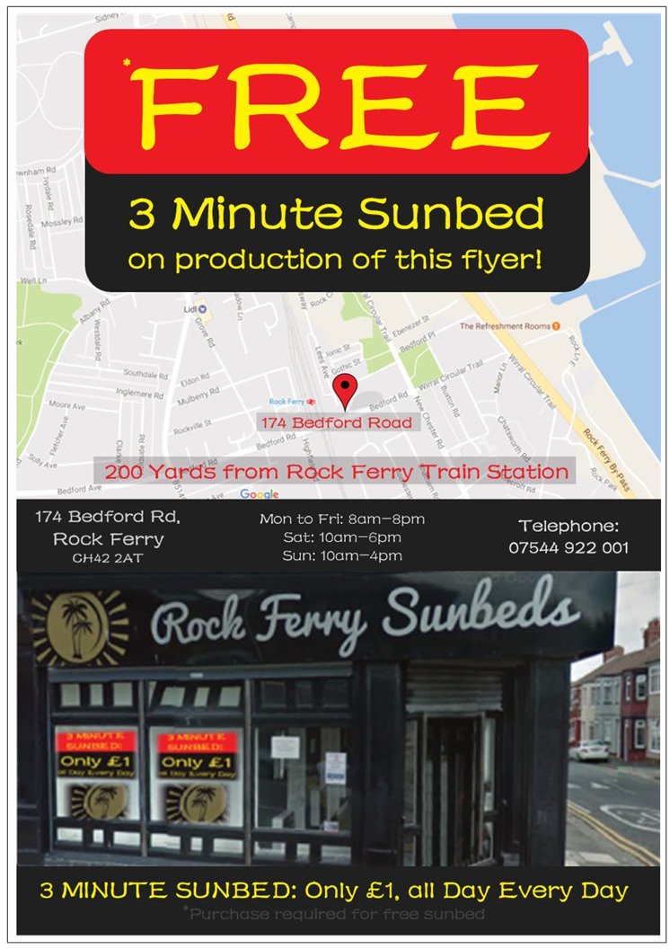 #myfirstTweet Hello Tweeters: Come have a FREE 3 minute #sunbed on us!

Rock Ferry Sunbeds are in #NewFerry, #Birkenhead on the #Wirral...