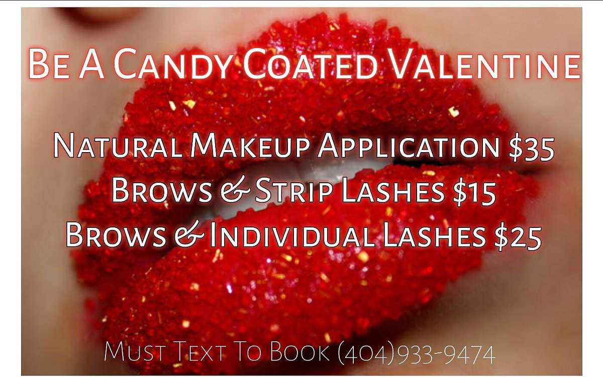 LenaWright's tweet photo. This Weekend through Valentines Day!! THERE'S STILL TIME!!! 2 B a 🍭Candy Coated Valentine!Must Text 2 Book! 404.933.9474
#BeautyJustWright https://t.co/ydNoDTahyl