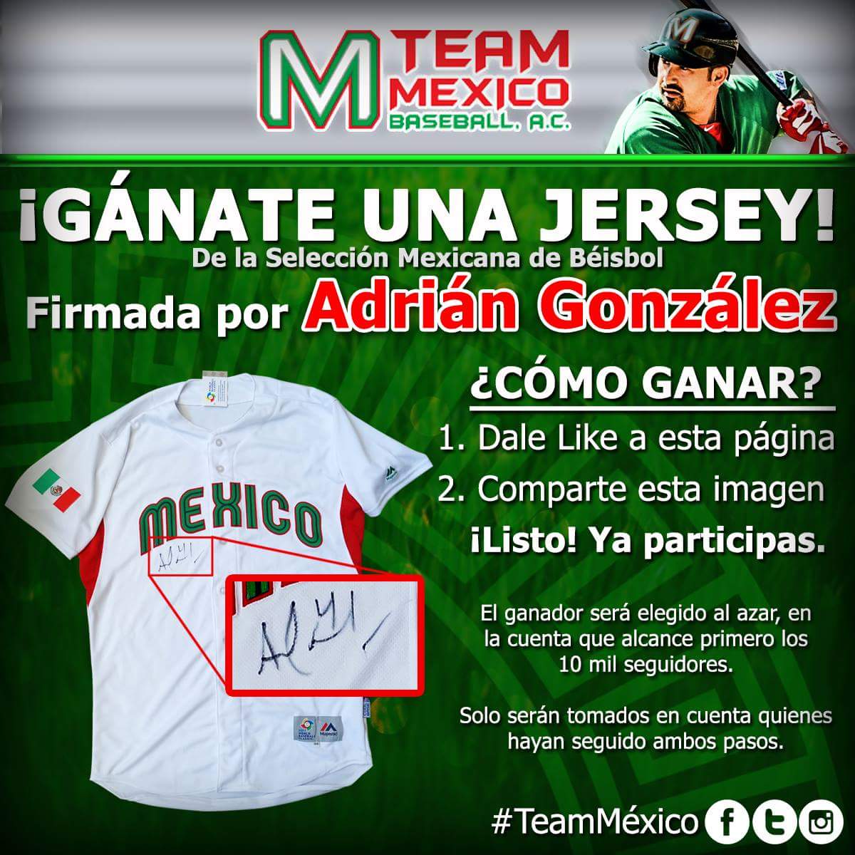 ¡GANATE una jersey de México 🇲🇽 firmada por <a href="/Adrian_ElTitan/">Adrián González OLY</a>!. Solo Síguenos y danos RT, ¡No te cuesta nada! #TeamMéxico 🇲🇽