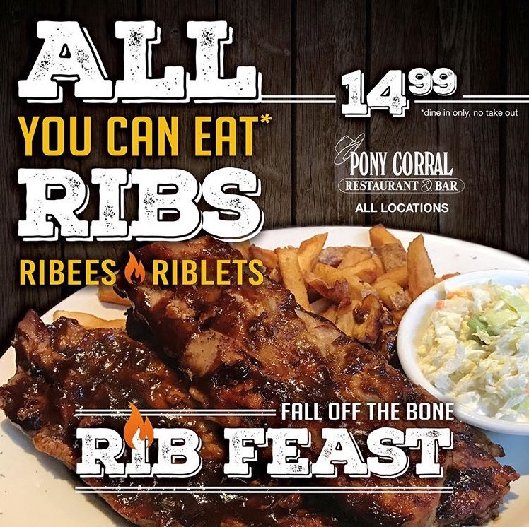 PonyCorral's tweet photo. Rib Feast! All you can eat #ribs -#ribees &amp; #riblets - just $14.99 🍖 #ponycorralpier7 #ponycorraldowntown  #ponycorralnairn #ponycorralgrant https://t.co/kWUPk4lAA4