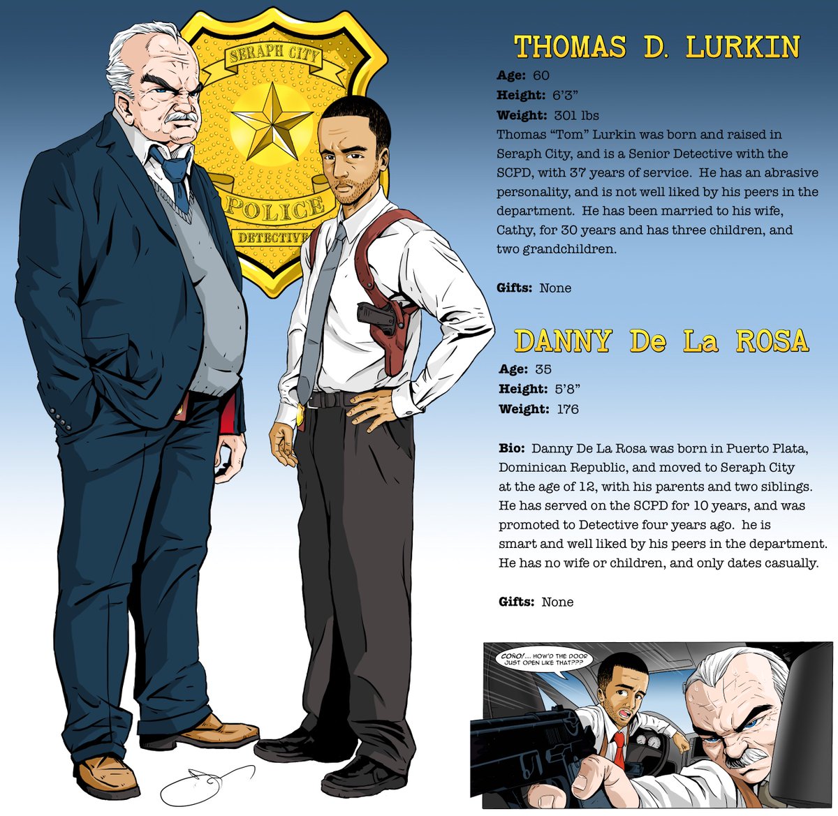 MessengersComic's tweet photo. Meet Seraph City's finest, Det. Lurkin & De la Rosa, and the original #godofthunder Shango! #MessengersComic #indiecomics #comics https://t.co/5JZ7047Dwu