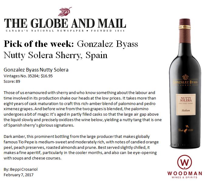 .@globeandmail Pick of the week: @GonzalezByass Nutty Solera #Sherry Find it here: bit.ly/2lCashg