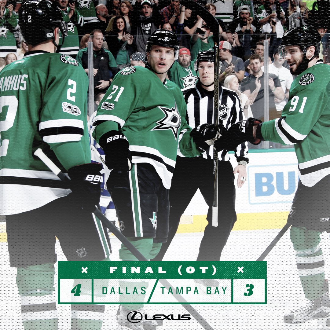 STARS WIN!!! Jamie Benn scores the game-winning goal in OT and Antoine Roussel records his first career hat trick. What. A. Night. #TBLvsDAL
