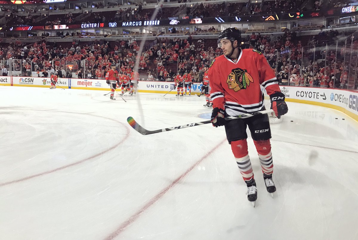 NHLBlackhawks's tweet photo. #PrideTape for warmups! 

#HockeyIsForEveryone https://t.co/SYFpkYvCJE
