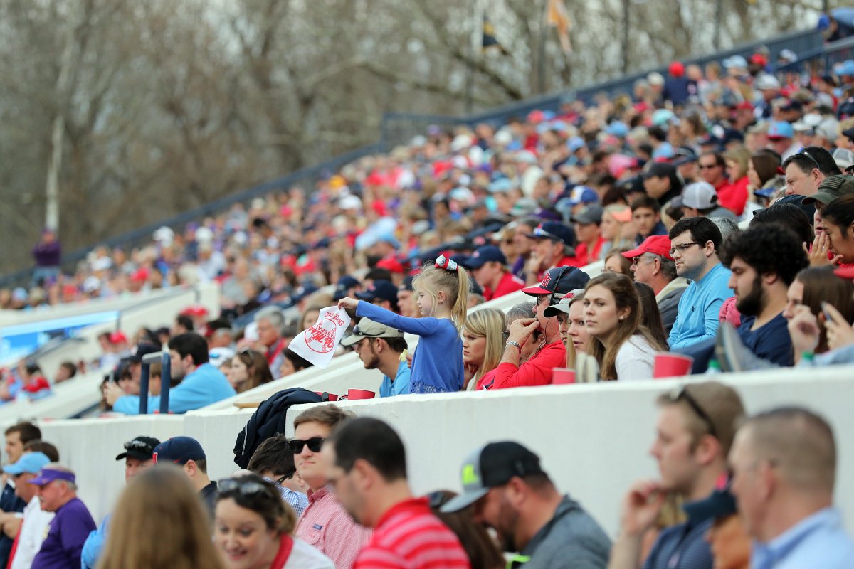 OleMissPix's tweet photo. Thanks to the greatest fans in the country!! Two days of a packed Swayze! Let’s break the record again tomorrow.

@OleMissBSB https://t.co/TiLxjEWVbQ
