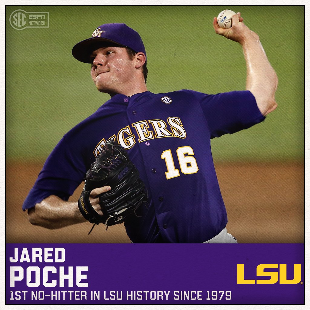 SECNetwork's tweet photo. Jared Poche. NO HITTER!!

The 6th No-No in @LSUbaseball history.

What a way to start the season. https://t.co/f2k7DFPQz4
