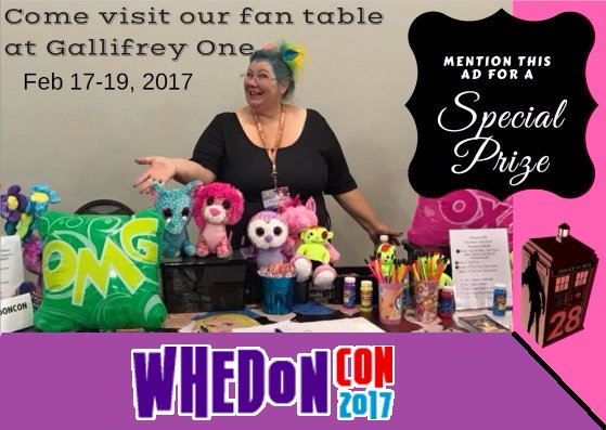 HellmouthEvents's tweet photo. Hey, Gallifreyans! Come visit the #WhedonCon table for special prizes! #gallifreyone #gally1 #fandomcharities #whedonopolis @gallifreyone https://t.co/3YobztLU5B