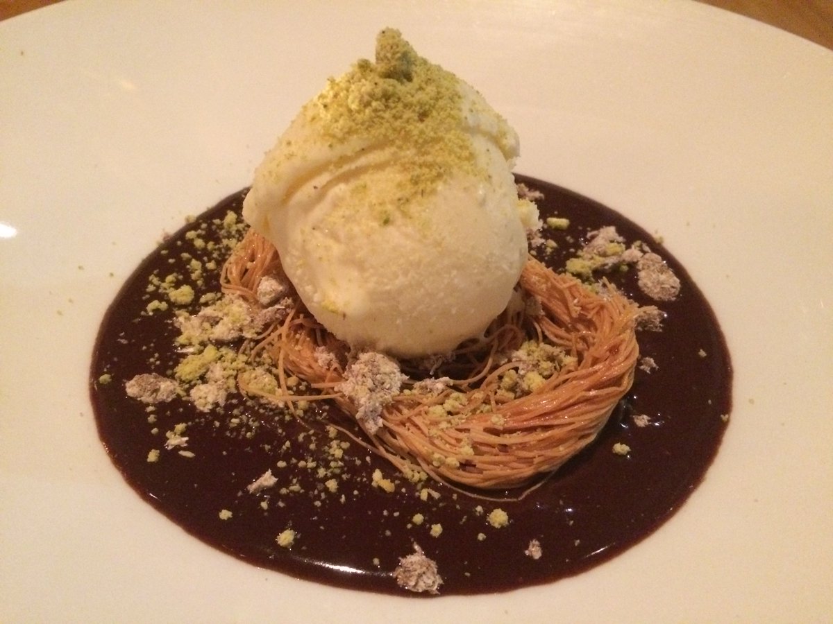 RichardPF's tweet photo. Sokolata from @CommitteeBoston. Melted chocolate halva, crispy kataifi, pistachio powder, mastiff ice cream. The Chocolate was sublime!!! https://t.co/dC3fTutkqy
