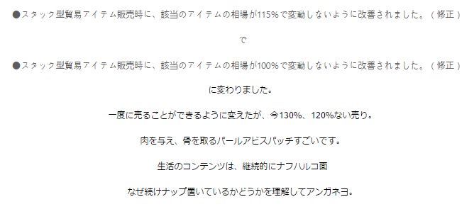 やかもち ちもろぐ Di Twitter 2 16の韓国アプデ 加工貿易にとって致命的だな スタック出来る貿易品は相場100 固定になる その代わり90 みたいな安値も無いんだけど 130 で売れないのはやっぱり致命的 やっぱり 釣り金策は バッグ が売れるから こうやって